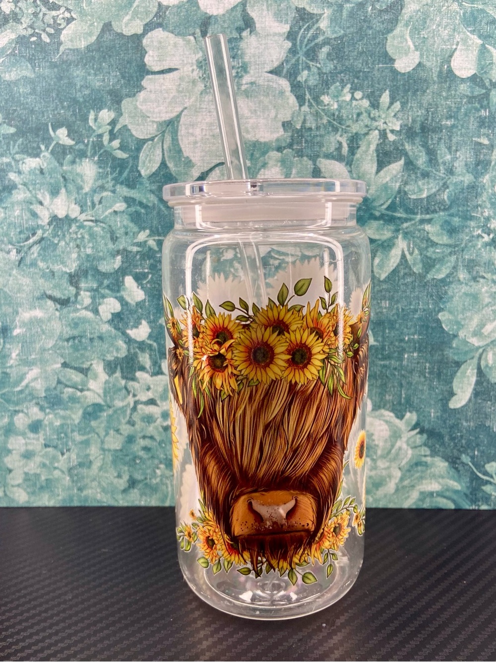 Clear Sunflower Highland Cow Tumbler with Straw - Brown & Yellow
